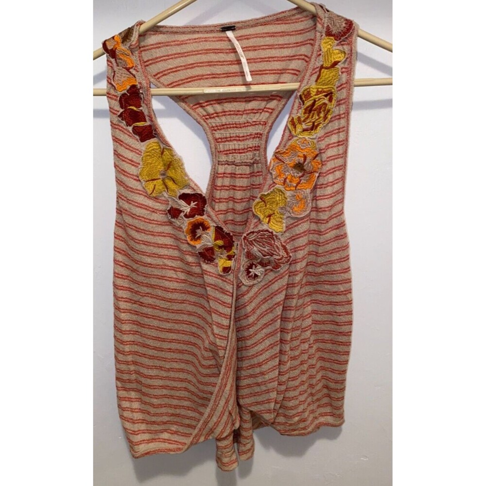 Free People Women S Taupe Red Striped Sleeveless Scoop Crisscross Neck Flowy Top